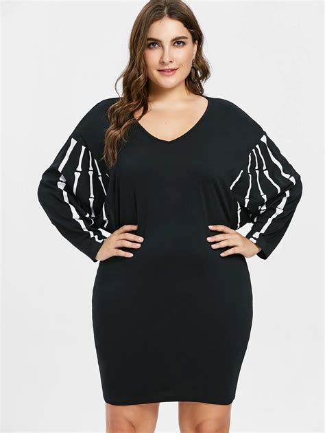 Wipalo Plus Size 5xl Halloween Batwing Sleeve Dress Solid Black V Neck