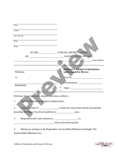 Utah Petitioner S Affidavit Of Jurisdiction And Grounds For Divorce