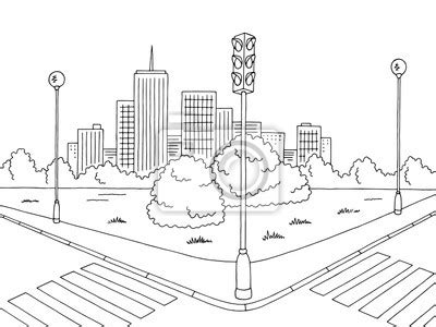 Street Road Graphic Black White City Landscape Sketch Illustration