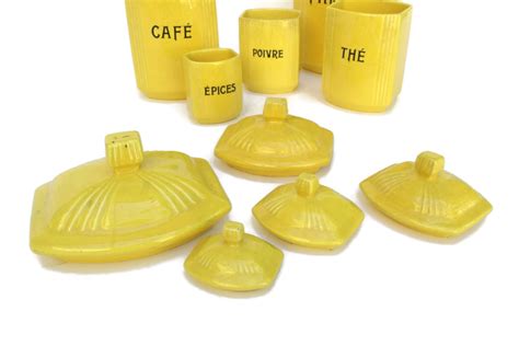 Vintage French Yellow Kitchen Canister Set.