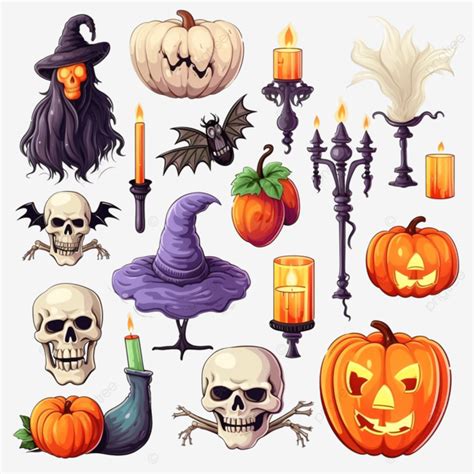 Colorful Halloween Decoration Elements Skull Pumpkins Spider Ghost Candles Bats Cauldrons Cute