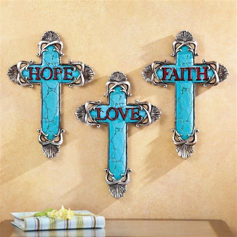 3 Pc Set Faux Turquoise Pewter Hanging Christian Wall Cross Crucifix