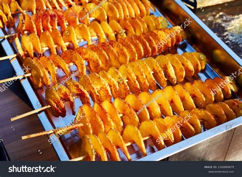 Potatoes Cut Into Spiral Fried Tornado Stock Photo 2160889879