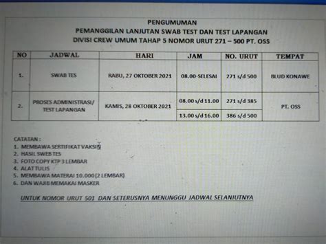 Pemanggilan Lanjutan Swab Test Dan Tes Lapangan Devisi Crew Umum Tahap