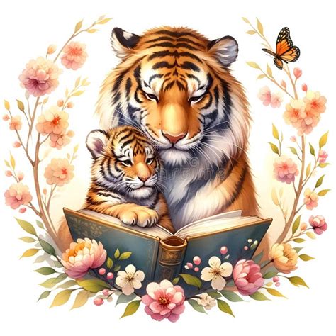 Mamá Tiger Está Leyendo Un Libro De Cuentos Para Su Hijo Acuarela El