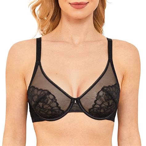 Wingslove Womens Sheer Lace Bra Minimizer See Through Unlined Full Coverage Bras Black 34c