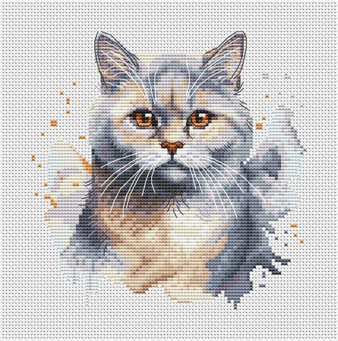 British Shorthair Cat Cross Stitch Pattern Watercolor Grey Cat Portrait