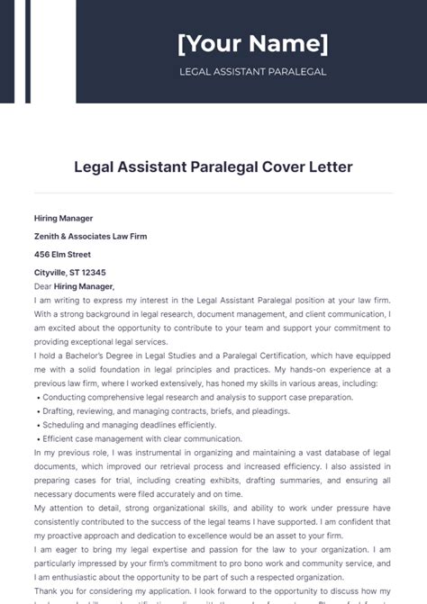 Free Legal Assistant Paralegal Cover Letter Template Edit Online