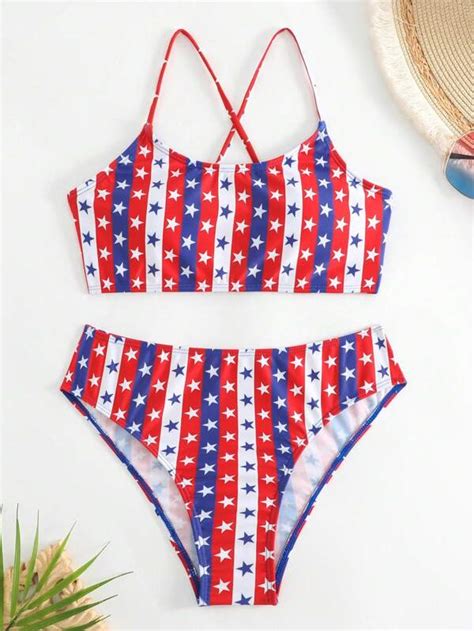 Bañador Bikini Con Estampado De Bandera Estadounidense Moda De Mujer