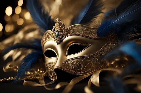 Premium Photo Blue And Gold Venetian Carnival Mask With Feathers Copy