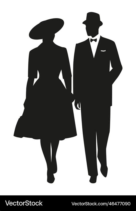 Walking Couple Silhouettes Wearing Retro Style Vector Image