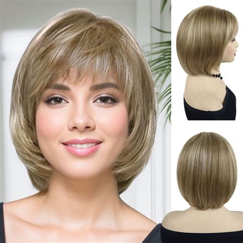 Synthetic Short Bob Wig With Bangs Straight Blonde Wigs Female Short Haircuts Mommy Wigs Gifts