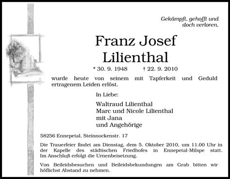 Traueranzeigen Von Franz Josef Lilienthal Trauer In Nrw De