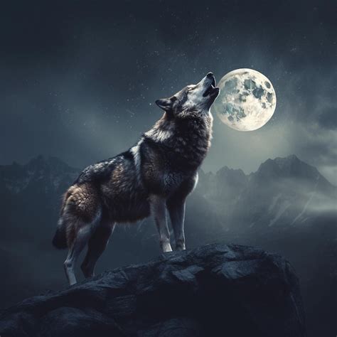 Premium AI Image | Wolf howling at night in mountain