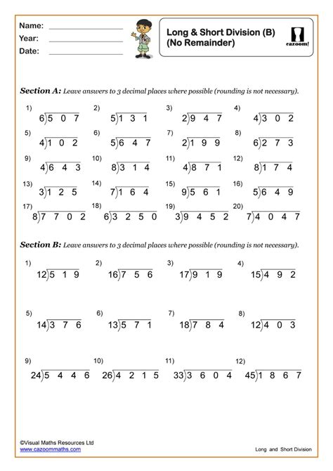 Long And Short Division B Worksheet With Remainders Fun And