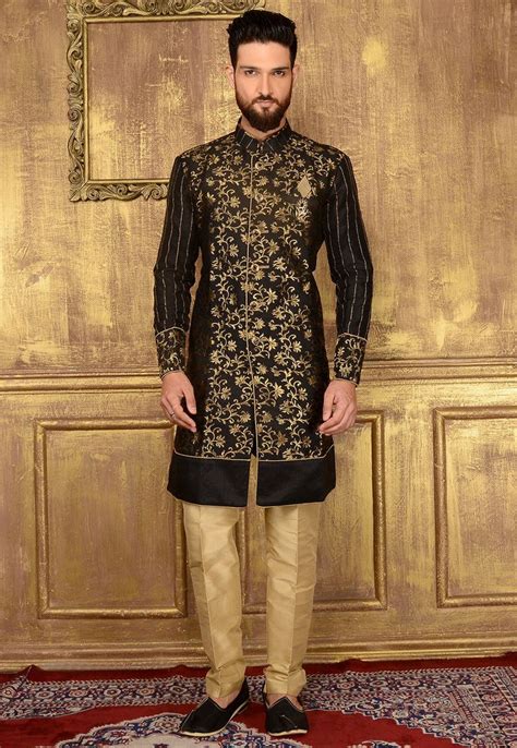 Woven Art Silk Jacquard Sherwani In Black Traditional Indian Mens