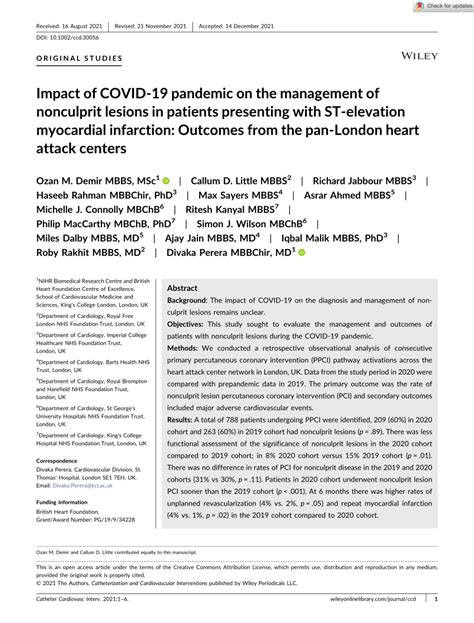 Pdf Impact Of Covid Pandemic On The Management Of Nonculprit