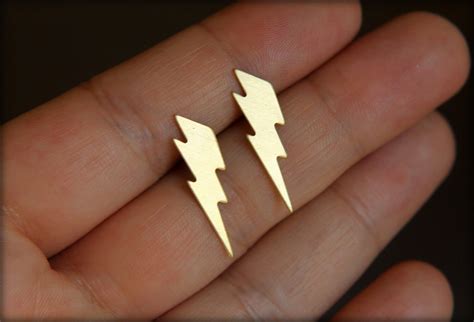 Lightning Bolt Earring Studs In Raw Brass By Saffronandsaege