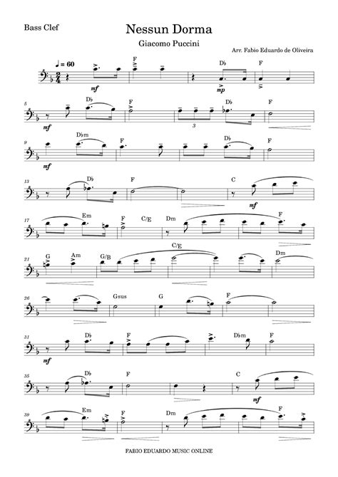 Nessun Dorma Puccini Sheet Music Fabio Eduardo De Oliveira Cello Solo