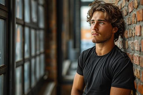 A Man With Curly Hair Sits In Front Of A Wall With A Sign That Says Quot No Quot Premium Ai