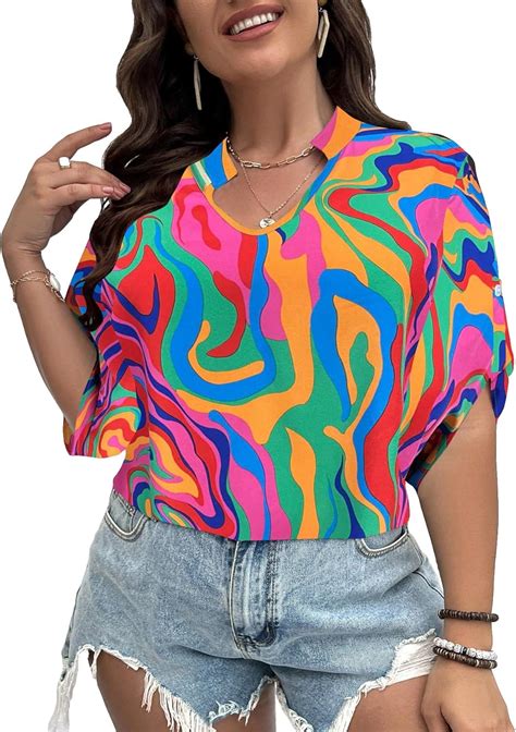 Oyoangle Women S Plus Size Color Block All Over Print Sleeve