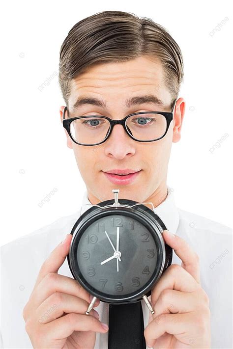 Geeky Businessman Holding Alarm Clock Man Young Adult Cheerful Photo