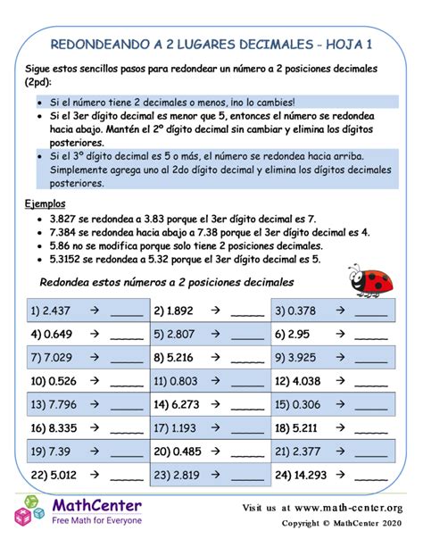 Quinto Grado Hojas De Trabajo Redondear Decimales Math Center