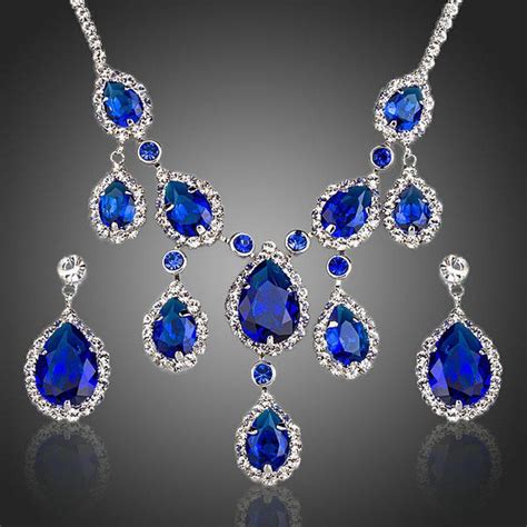 Dark Blue Cubic Zirconia Necklace Earrings Set Khaista