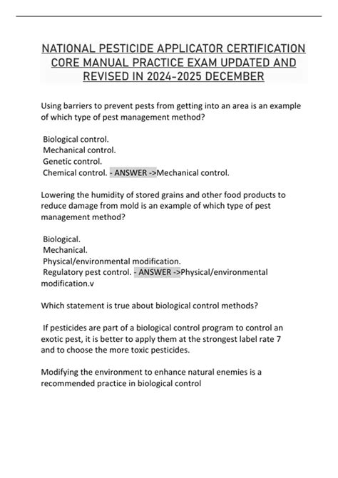 NATIONAL PESTICIDE APPLICATOR CERTIFICATION CORE MANUAL PRACTICE EXAM