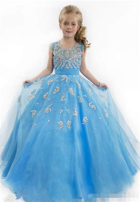 Blue Rachel Allan Girls Pageant Dresses Sheer Crew Neck Tulle