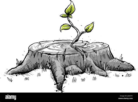 A cartoon sapling growing fresh new leaves from an old tree stump Stock ...