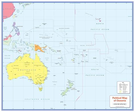 Color Blind Friendly Political Wall Map Of Oceania By Cosmographics The Map Shop