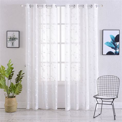 Yesfashion Sheer Curtains Leaf Embroidery Sheer Curtains Faux Linen Textured Solid Grommet