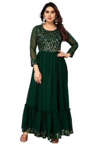 Women S Sequence Work Georget Long Gown Green At Rs Long