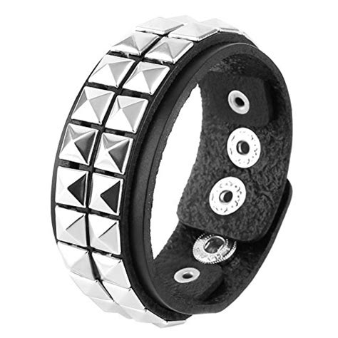 Hzman Unisex Black Genuine Leather Silver Pyramid Studs Wristband 80s