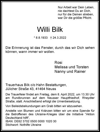 Alle Traueranzeigen F R Willi Bilk Trauer Rp Online De