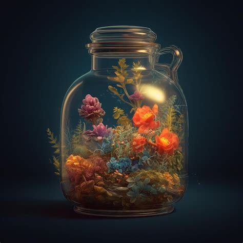 Premium AI Image | a glass jar terrarium filled with flowering plants highly detailed