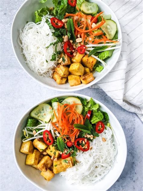 Peanut Tofu Vermicelli Rice Noodle Bowls With Quick Pickled Vegetables