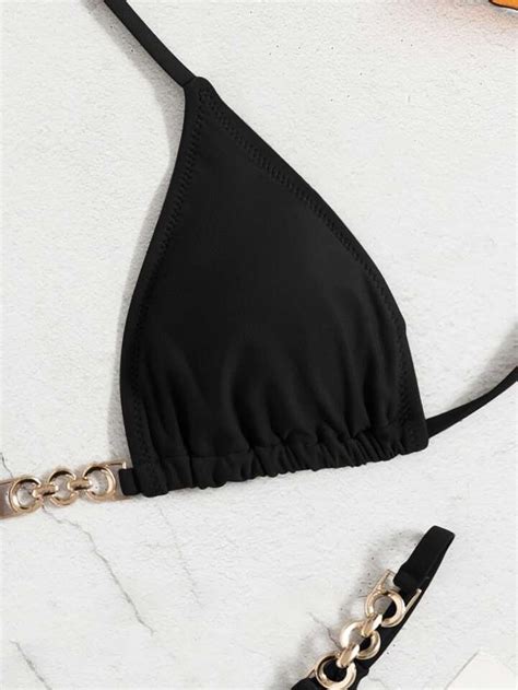 Shein Swim Bae Black Chain Linked Triangle Thong Bikini Swimsuit Women