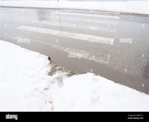 Snow Ice Slush And Winter Mud At A Pedestrian Crossing The Air