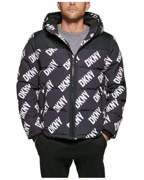 Dkny Shawn Quilted Mixed Media Hooded Puffer Jacket In Black For Men Lyst