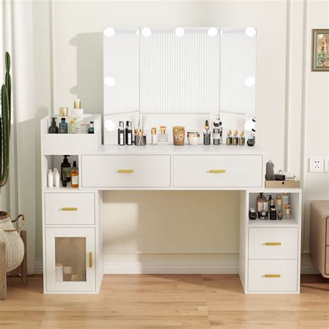 Everly Quinn Large Makeup Vanity With LED Bulbs Tri Fold Mirror And