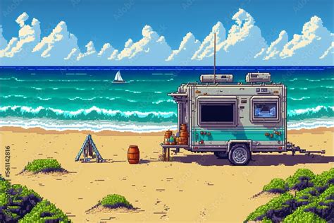 Landscape With Trailer Home On The Beach 16 Bit Pixel Art Style Ai Digital Illustration Stock