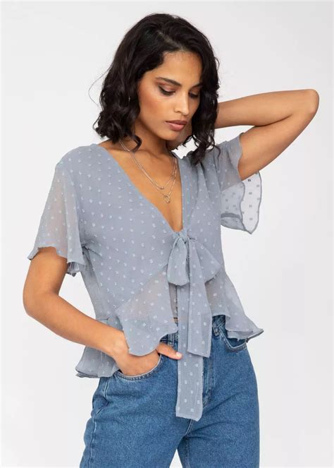 Short Butterfly Sleeve Top In Calm Grey Dots Likemary