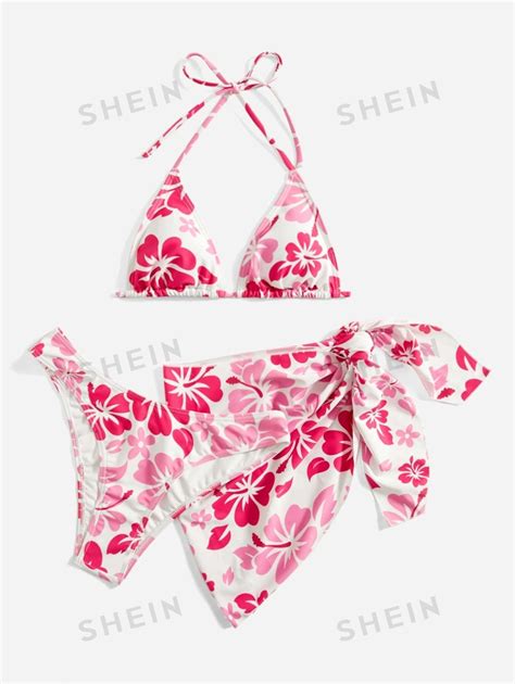 SHEIN Swim Summer Beach Floral Bikini Set Halter Micro Triangle Bra