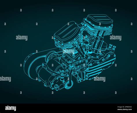 Stylized Vector Illustration Of Blueprint Of Powerful Motorcycle Engine