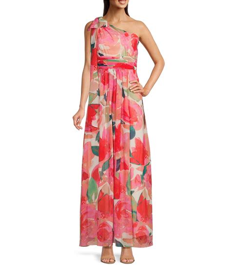 Eliza J Floral One Shoulder Bow Tie Sleeveless Gown Dillards