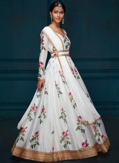 White Floral Printed Satin Anarkali In 2020 Indian Fashion Dresses Indian Gowns Dresses