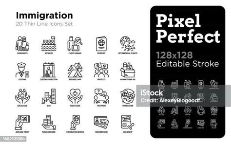 Immigration Thin Line Icons Set Immigrants Illegals Baggage Examination