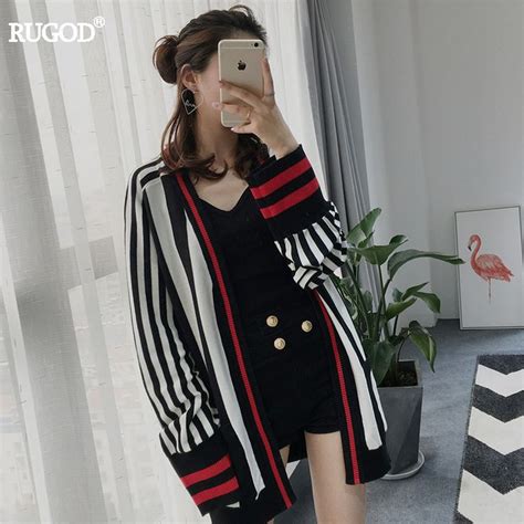 RUGOD 2018 Novo Listrado Malha Cardigan Feminino Patchwork Manga